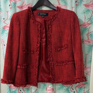 Kasper Redish Tweed Jacket Blazer Fringe 3/4 Sleeve Sz 6 Office Feminine Classic